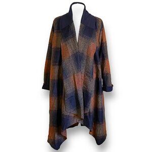 Elemente Clemente Womens Duster Jacket Sz 2 M Blue Brown Wool Plaid Lagenlook